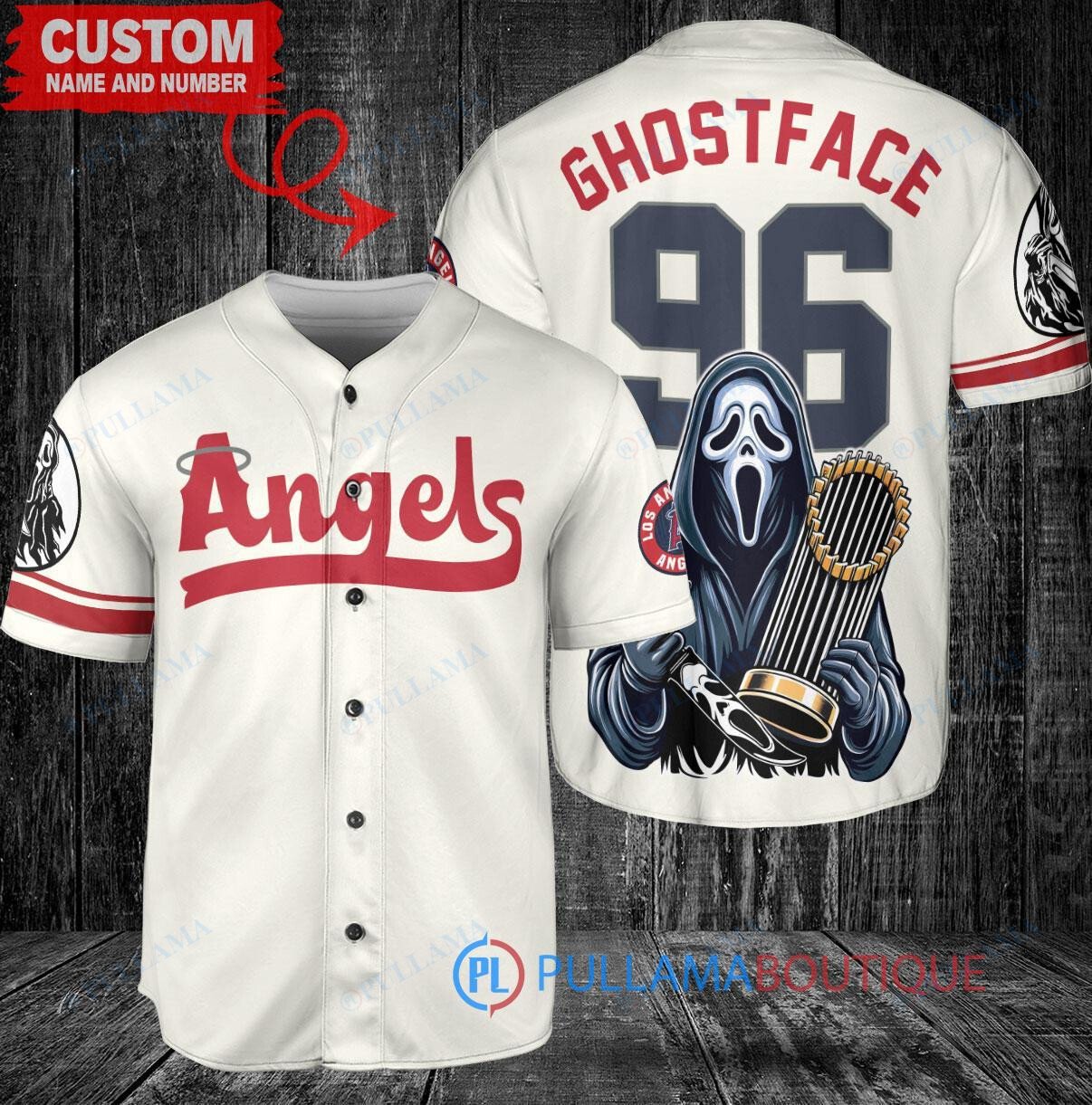 LA Angels Ghostface Scream Halloween World Series Trophy Baseball Jersey Cream