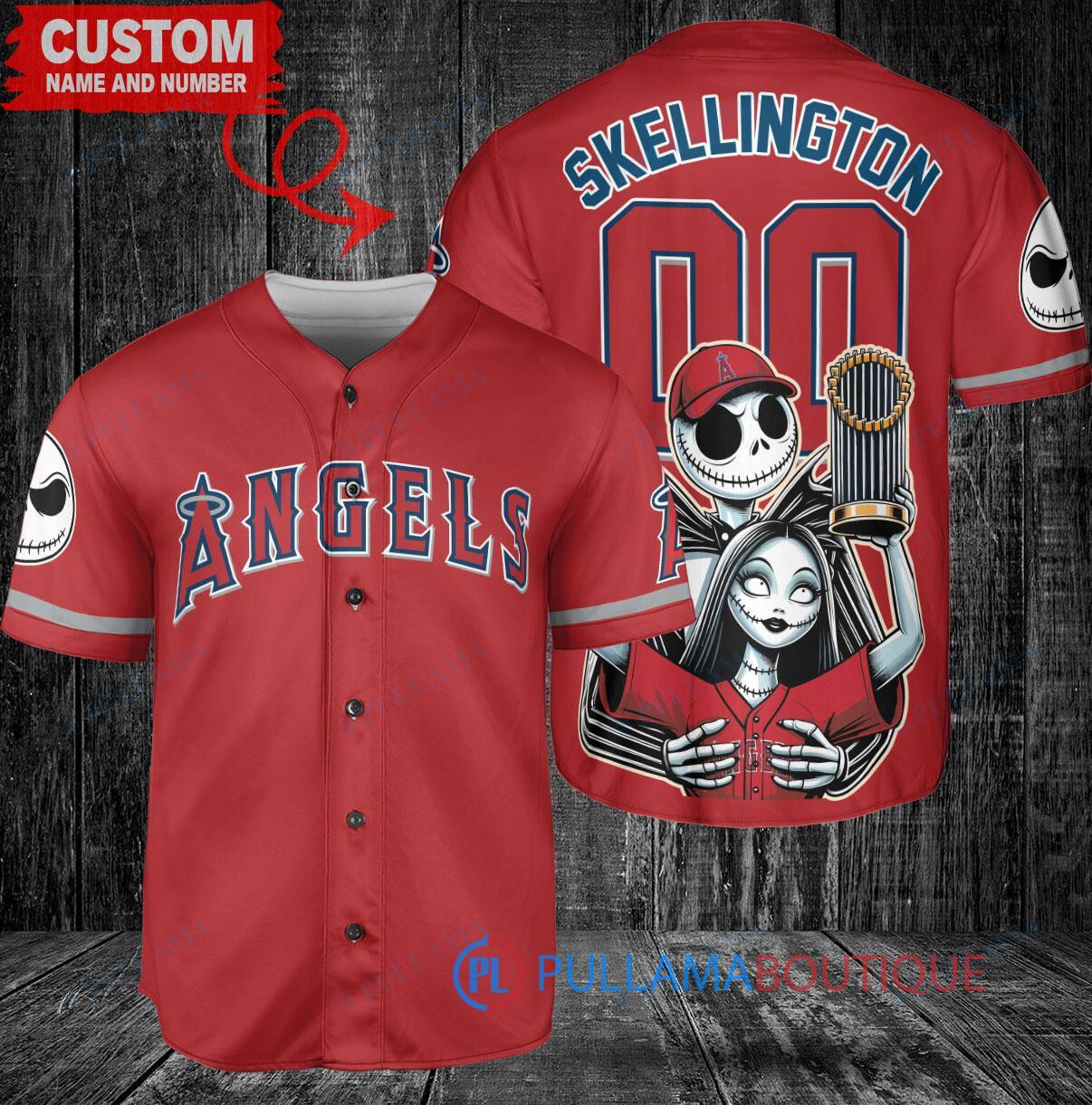 LA Angels Jack Skellington Sally World Series Trophy Baseball Jersey Red