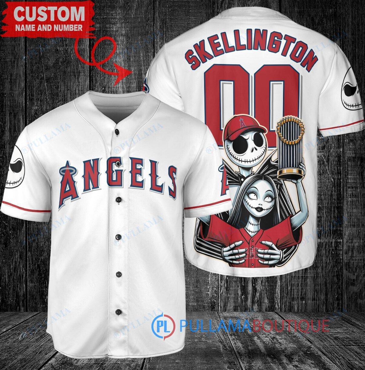 LA Angels Jack Skellington Sally World Series Trophy Baseball Jersey White