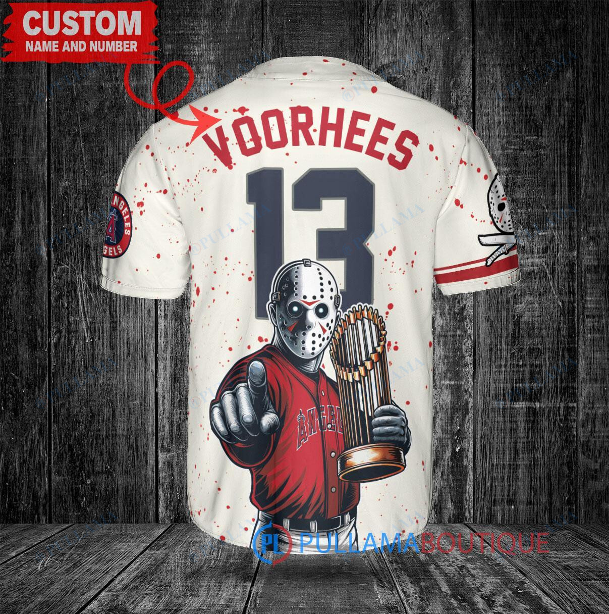 LA Angels Jason Voorhees Halloween World Series Trophy Baseball Jersey Cream