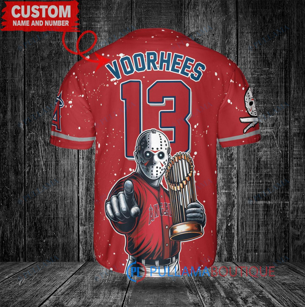 LA Angels Jason Voorhees Halloween World Series Trophy Baseball Jersey Red