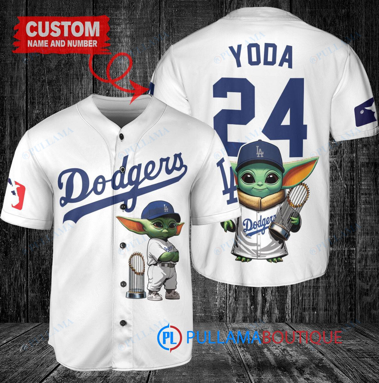 LA Dodgers Baby Yoda Star Wars Mandalorian Trophy Baseball Jersey White
