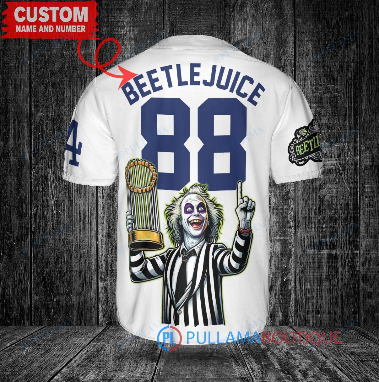 LA Dodgers Beetlejuice Halloween World Series Trophy Baseball Jersey White