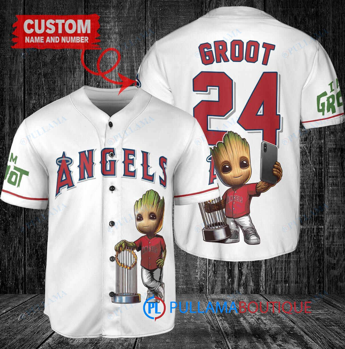 Los Angeles Angels x Baby Groot Marvel Guardians Of The Galaxy with Trophy Custom Baseball Jersey White