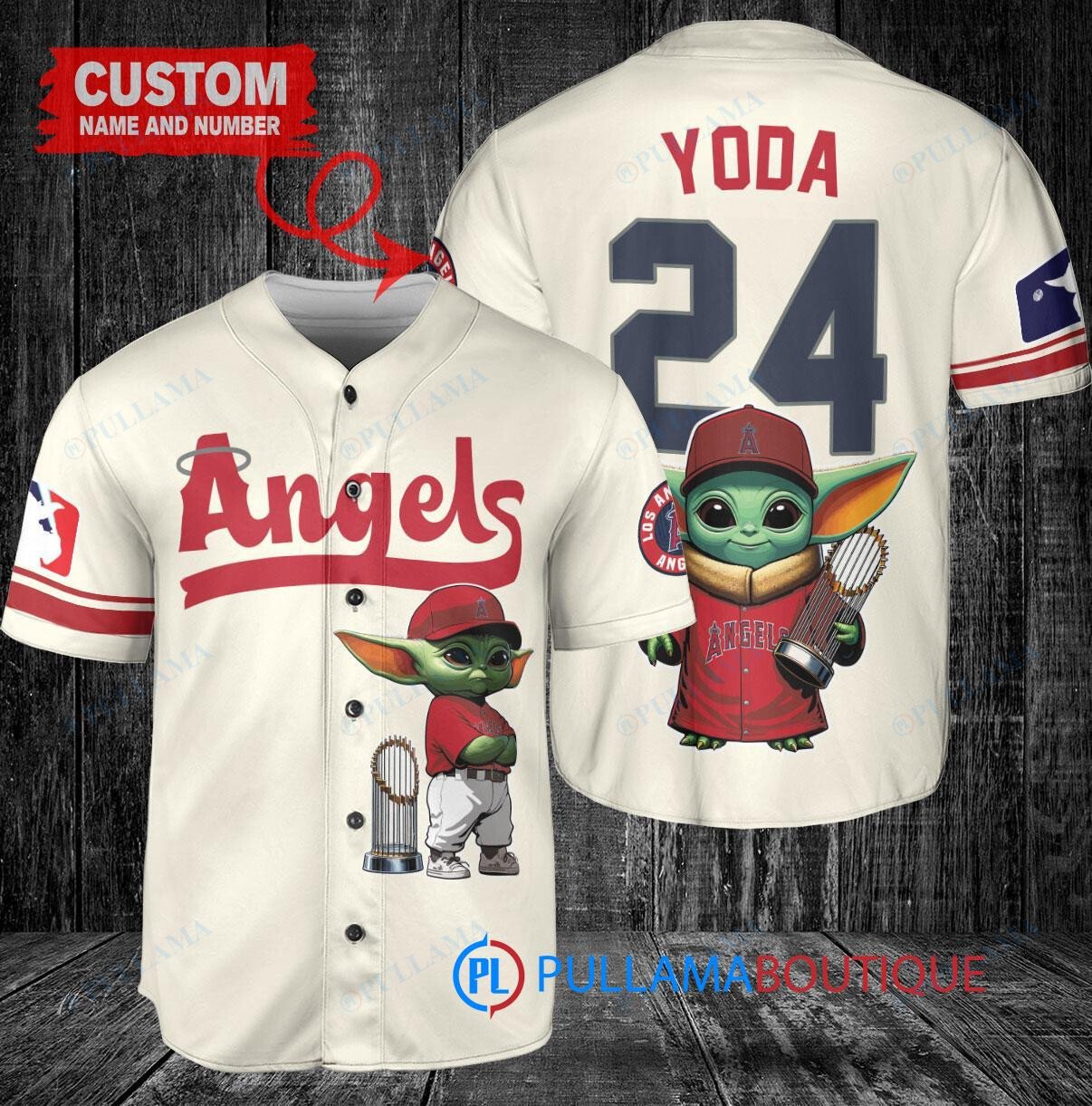 Los Angeles Angels x Baby Yoda Star Wars The Mandalorian with Trophy Custom Baseball Jersey Cream