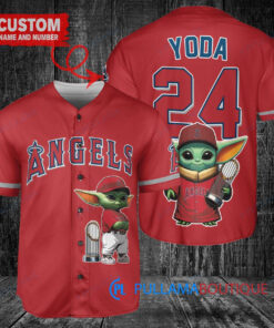 Los Angeles Angels x Baby Yoda Star Wars The Mandalorian with Trophy Custom Baseball Jersey Red