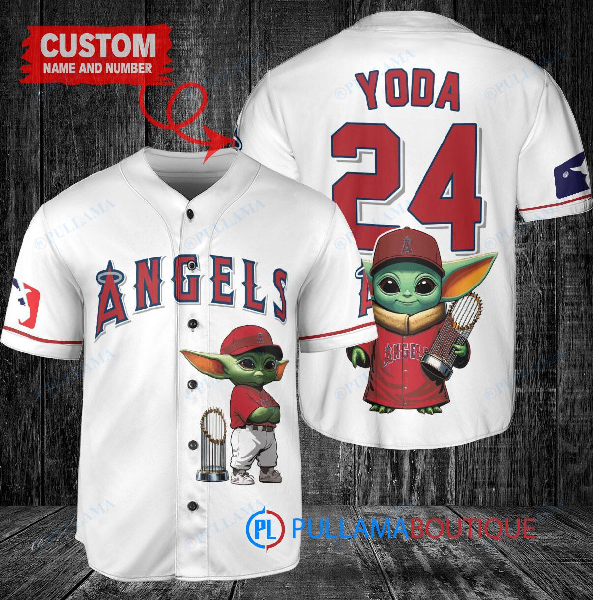 Los Angeles Angels x Baby Yoda Star Wars The Mandalorian with Trophy Custom Baseball Jersey White