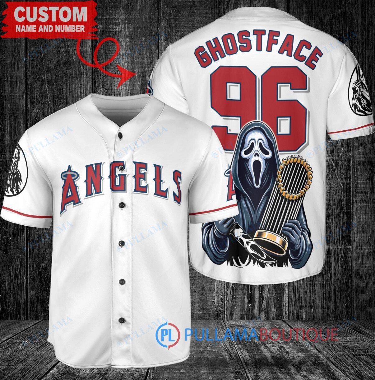 Los Angeles Angels x Ghostface Scream Halloween Halloween with World Series Trophy Custom Baseball Jersey White