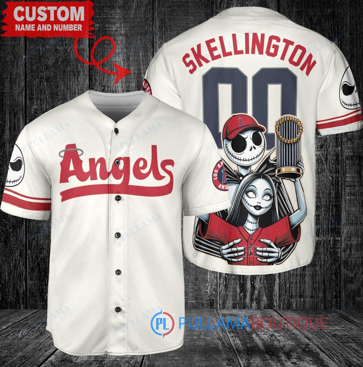 Los Angeles Angels x Jack Skellington and Sally The Nightmare Before Christmas with World Series Trophy Custom Baseball Jersey Cream