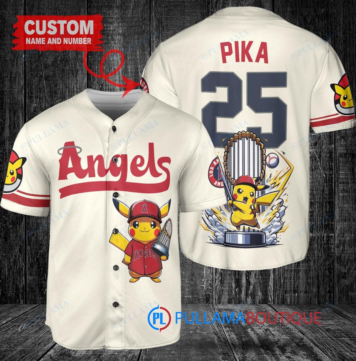 Los Angeles Angels x Pikachu Pokemon with Trophy Custom Baseball Jersey Cream