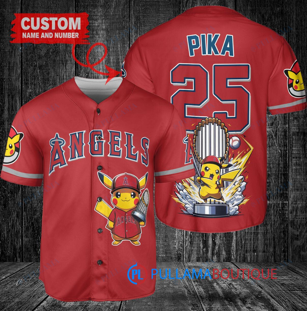 Los Angeles Angels x Pikachu Pokemon with Trophy Custom Baseball Jersey Red