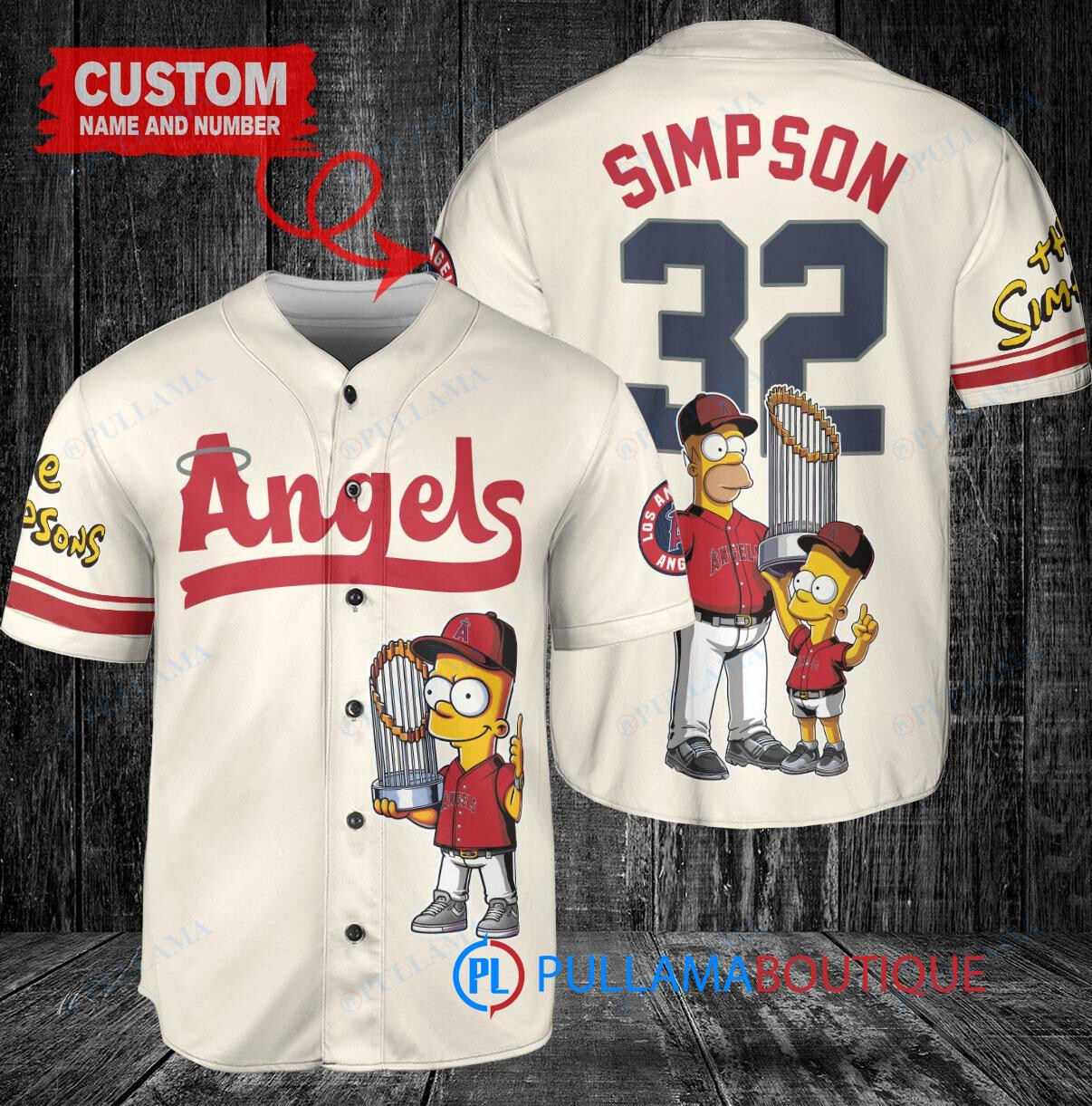 Los Angeles Angels x The Simpsons Bart Simpson, Homer Simpson, Lisa Simpson with Trophy Custom Baseball Jersey Cream
