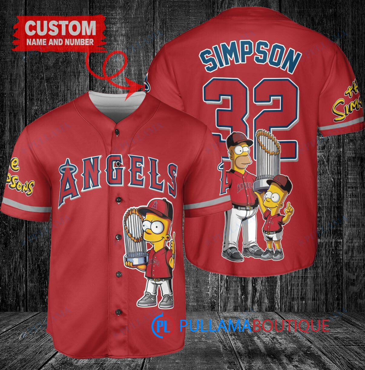 Los Angeles Angels x The Simpsons Bart Simpson, Homer Simpson, Lisa Simpson with Trophy Custom Baseball Jersey Red