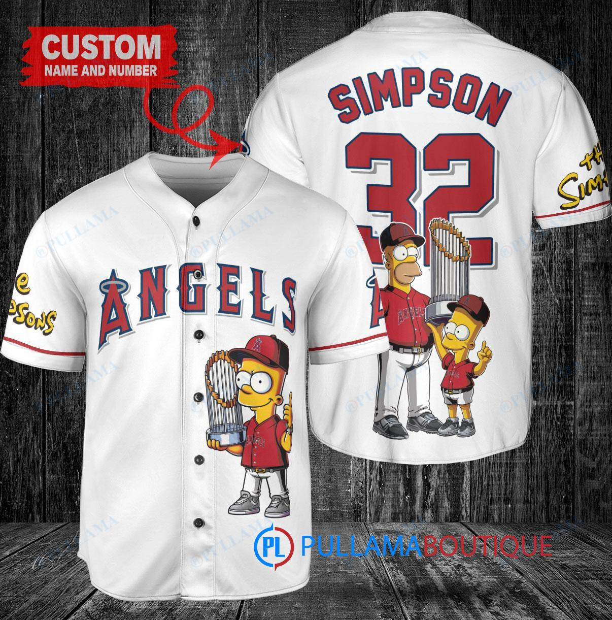 Los Angeles Angels x The Simpsons Bart Simpson, Homer Simpson, Lisa Simpson with Trophy Custom Baseball Jersey White