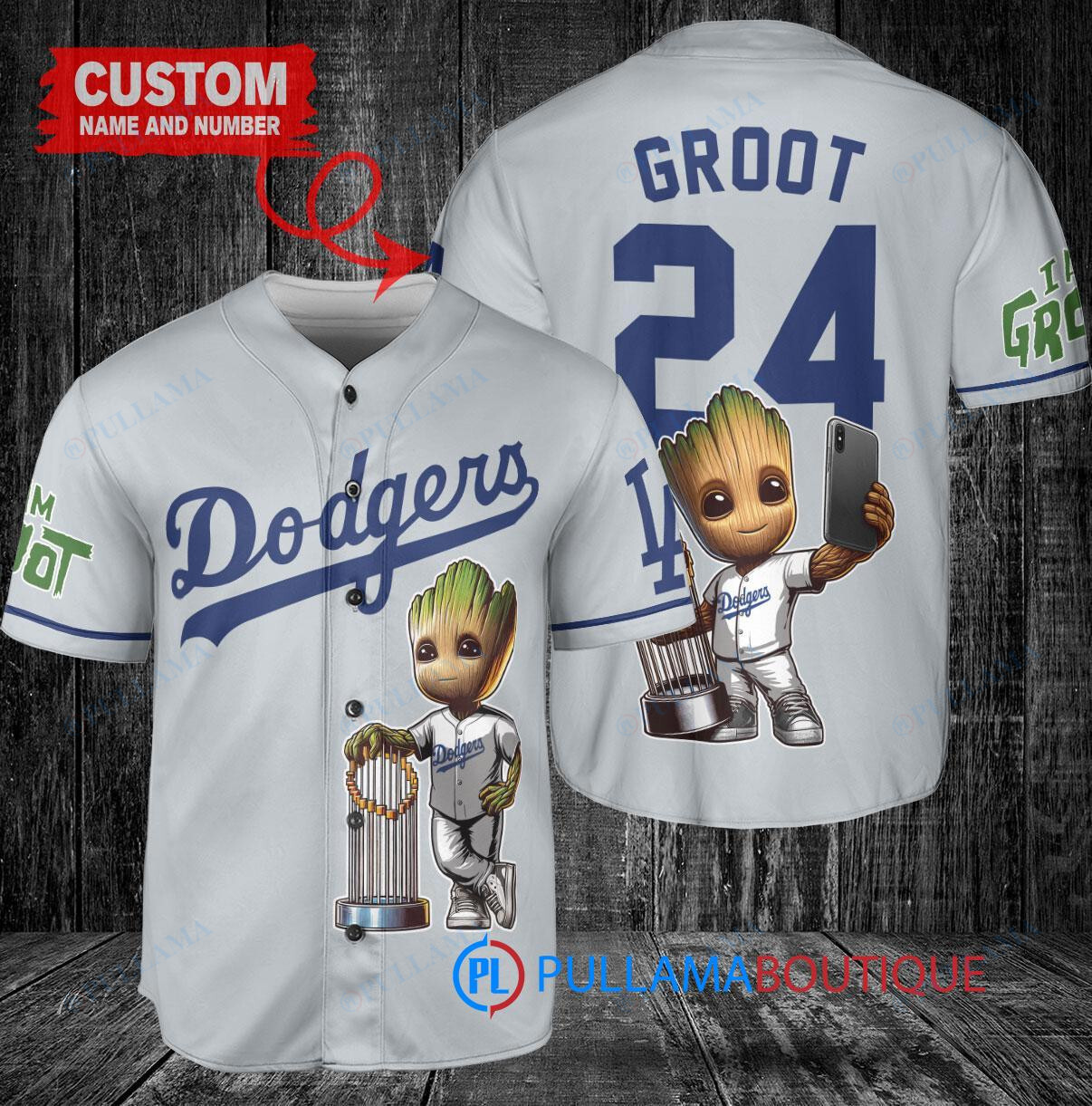 Los Angeles Dodgers x Baby Groot Marvel Guardians Of The Galaxy with Trophy Custom Baseball Jersey Gray