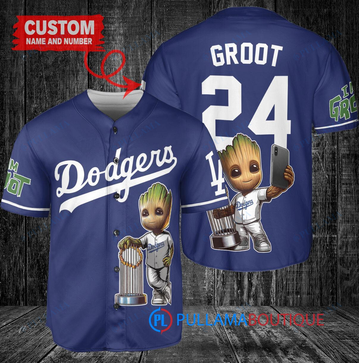 Los Angeles Dodgers x Baby Groot Marvel Guardians Of The Galaxy with Trophy Custom Baseball Jersey Navy