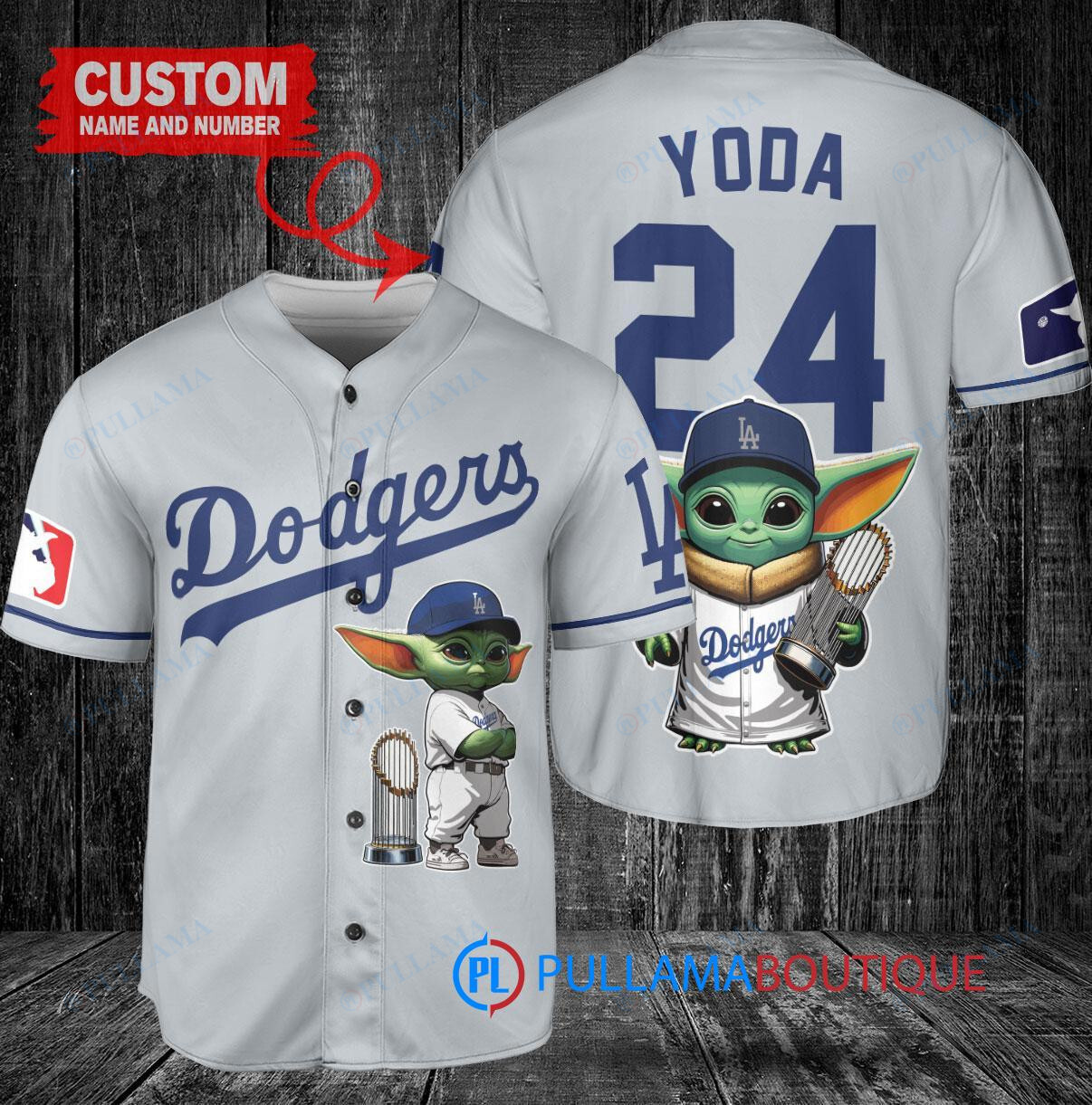 Los Angeles Dodgers x Baby Yoda Star Wars The Mandalorian with Trophy Custom Baseball Jersey Gray