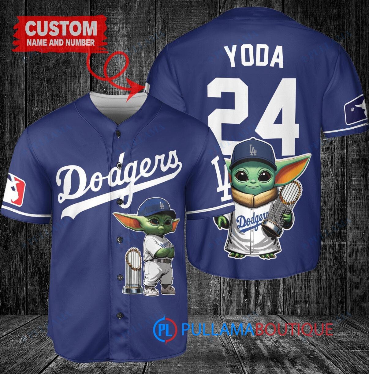 Los Angeles Dodgers x Baby Yoda Star Wars The Mandalorian with Trophy Custom Baseball Jersey Navy