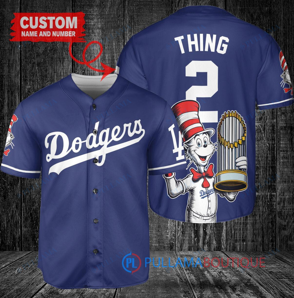 Los Angeles Dodgers x Dr Seuss with World Series Trophy Custom Baseball Jersey Navy