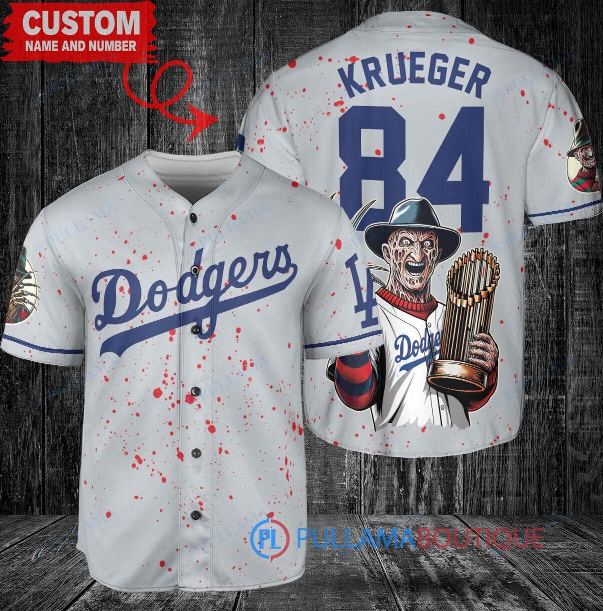 Los Angeles Dodgers x Freddy Krueger A Nightmare on Elm Street Halloween with World Series Trophy Custom Baseball Jersey Gray
