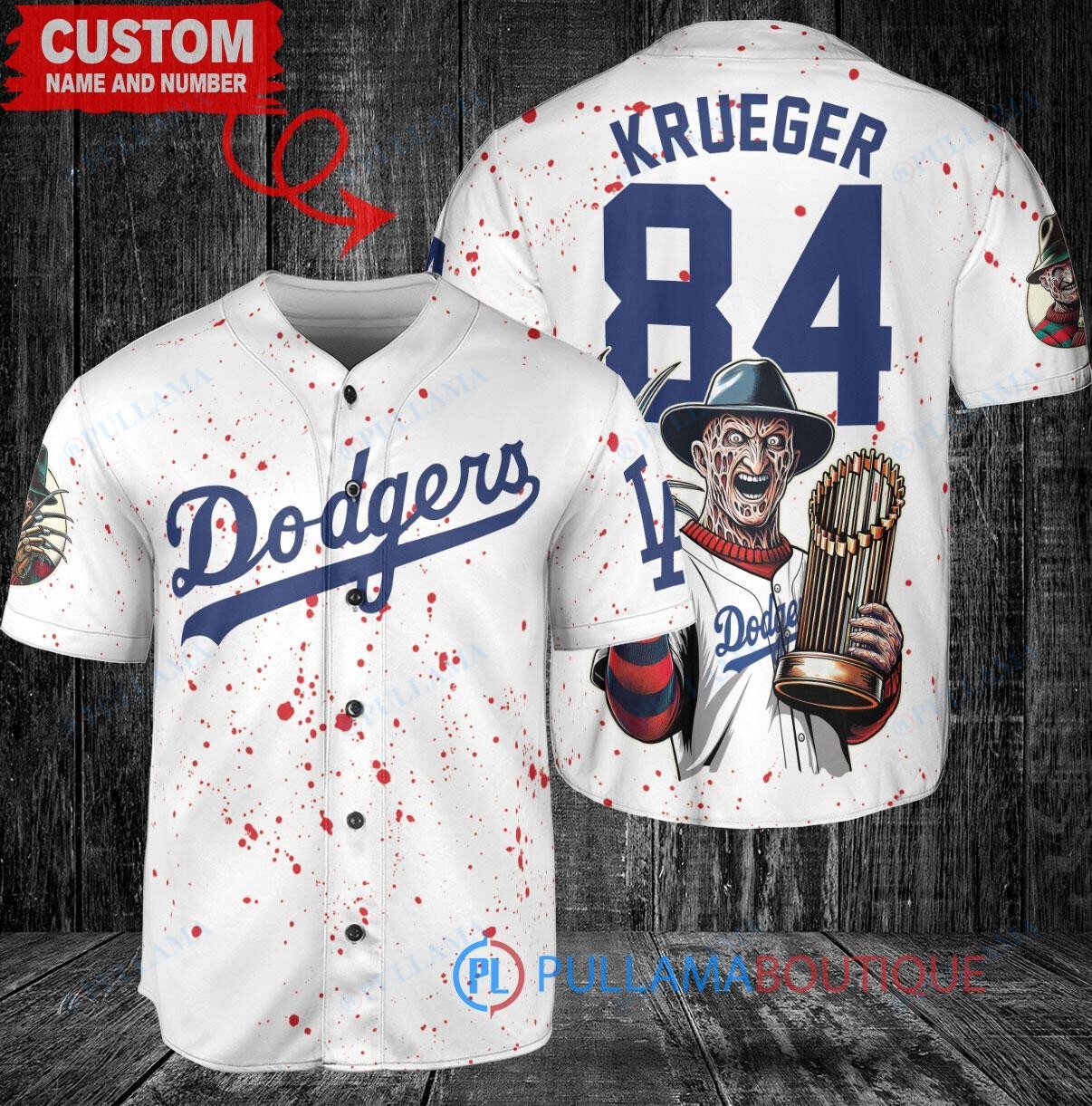 Los Angeles Dodgers x Freddy Krueger A Nightmare on Elm Street Halloween with World Series Trophy Custom Baseball Jersey White