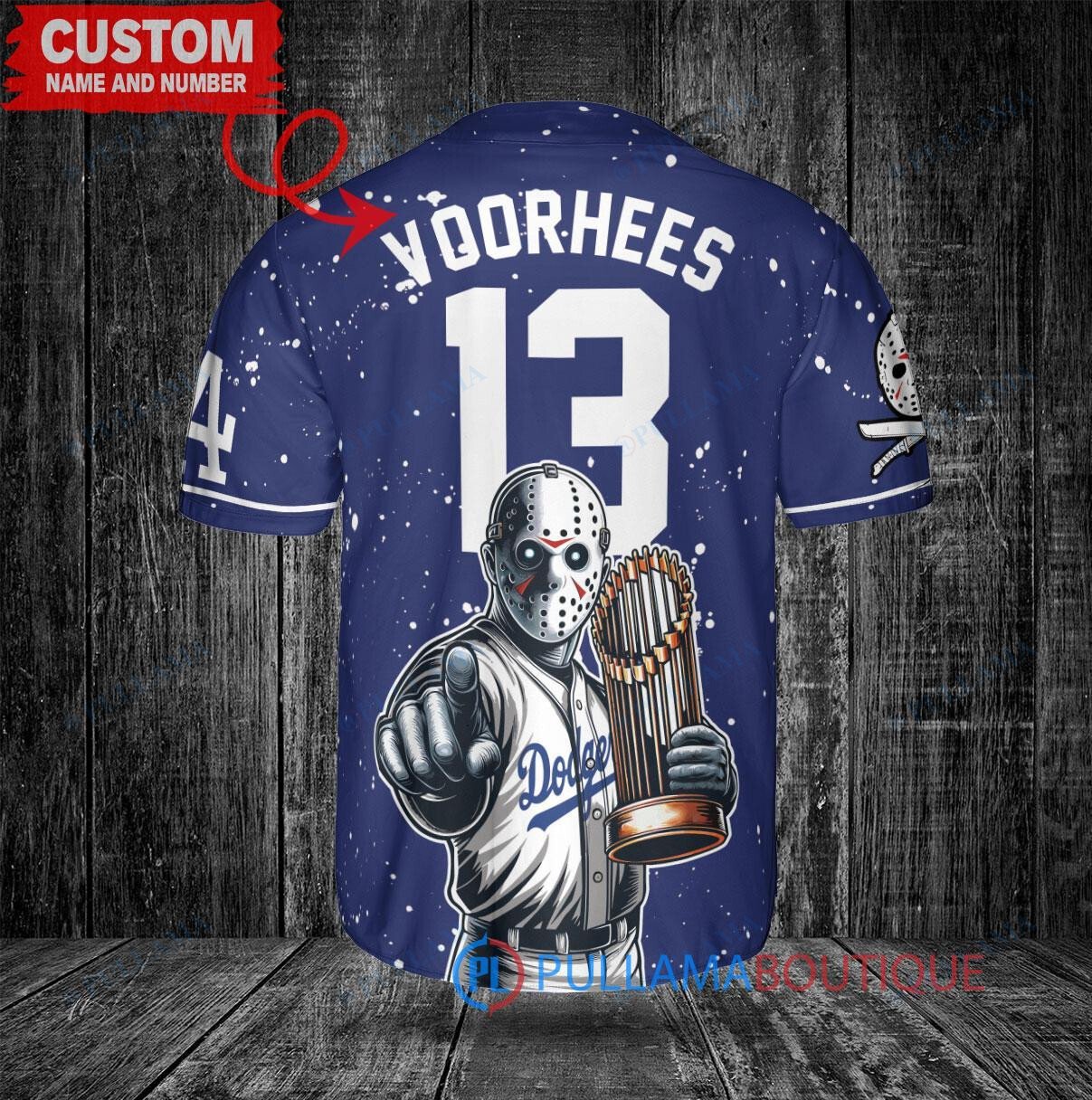 Los Angeles Dodgers x Friday the 13th Jason Voorhees Halloween with World Series Trophy Custom Baseball Jersey Navy