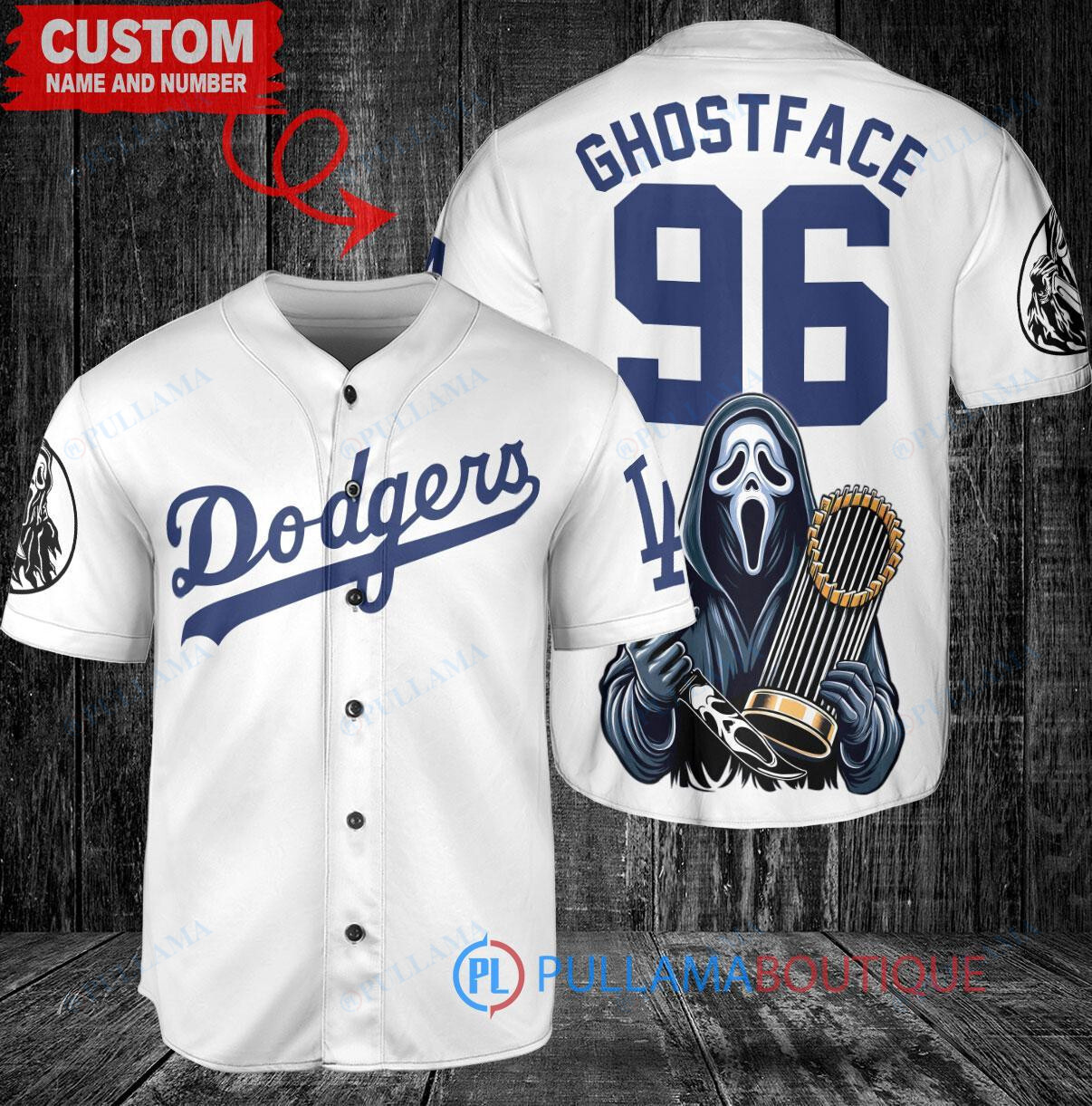 Los Angeles Dodgers x Ghostface Scream Halloween Halloween with World Series Trophy Custom Baseball Jersey White