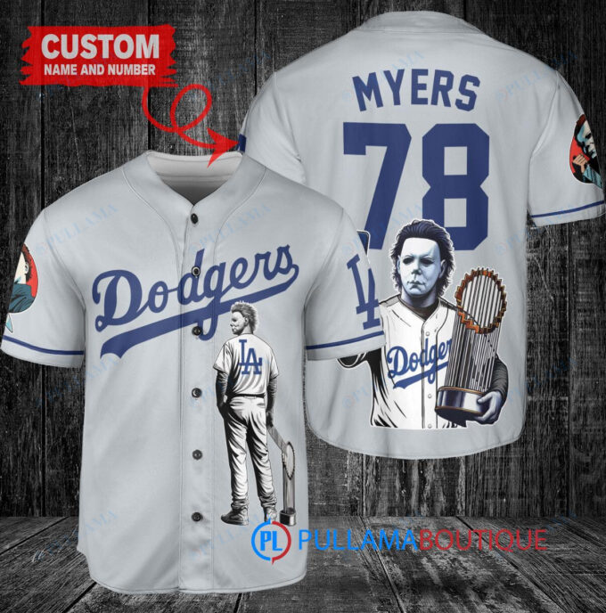 Los Angeles Dodgers x Halloween Michael Myers with Trophy Custom Baseball Jersey Gray