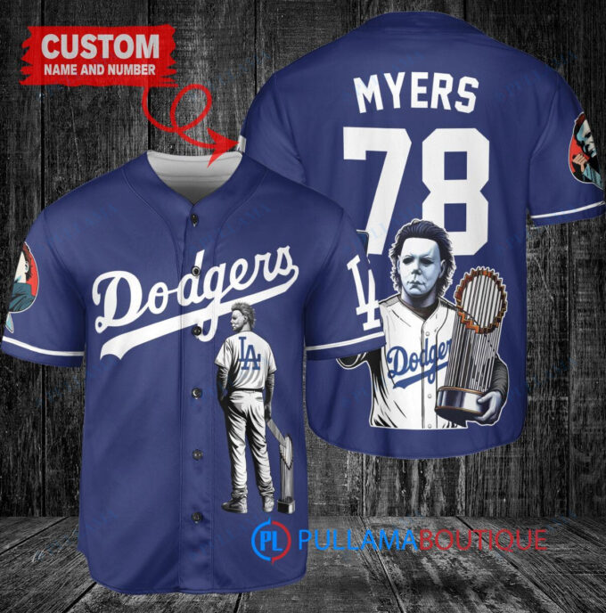 Los Angeles Dodgers x Halloween Michael Myers with Trophy Custom Baseball Jersey Navy