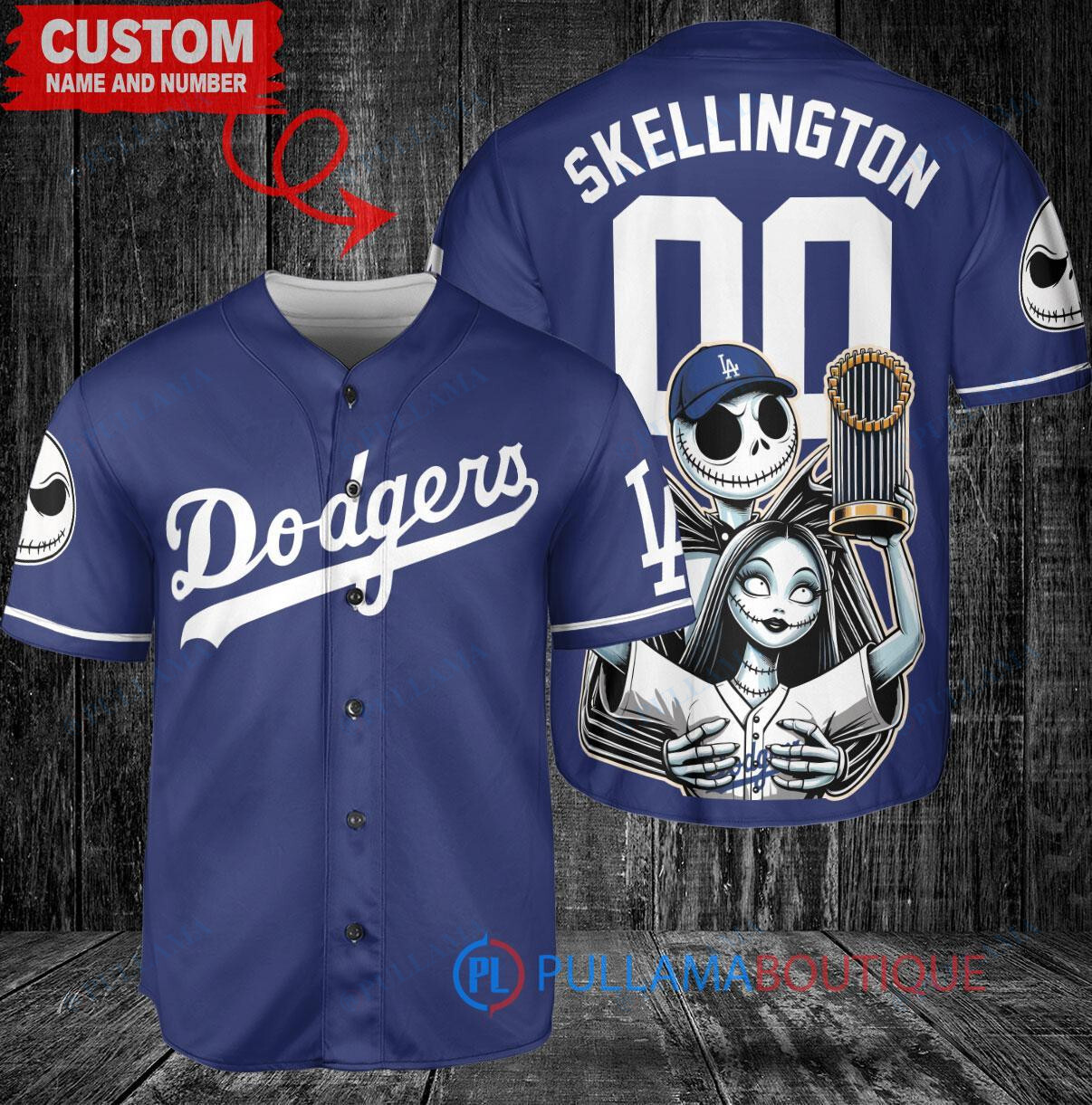 Los Angeles Dodgers x Jack Skellington and Sally The Nightmare Before Christmas with World Series Trophy Custom Baseball Jersey Navy