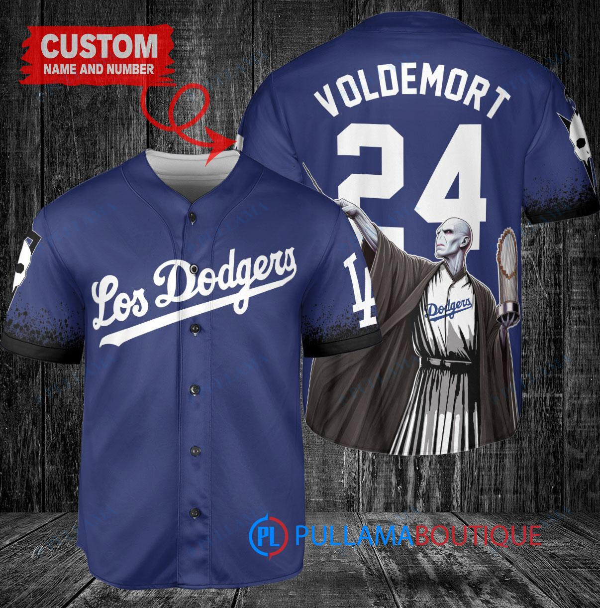 Los Angeles Dodgers x Lord Voldemort Harry Potter with Trophy Custom Baseball Jersey Royal City Connect
