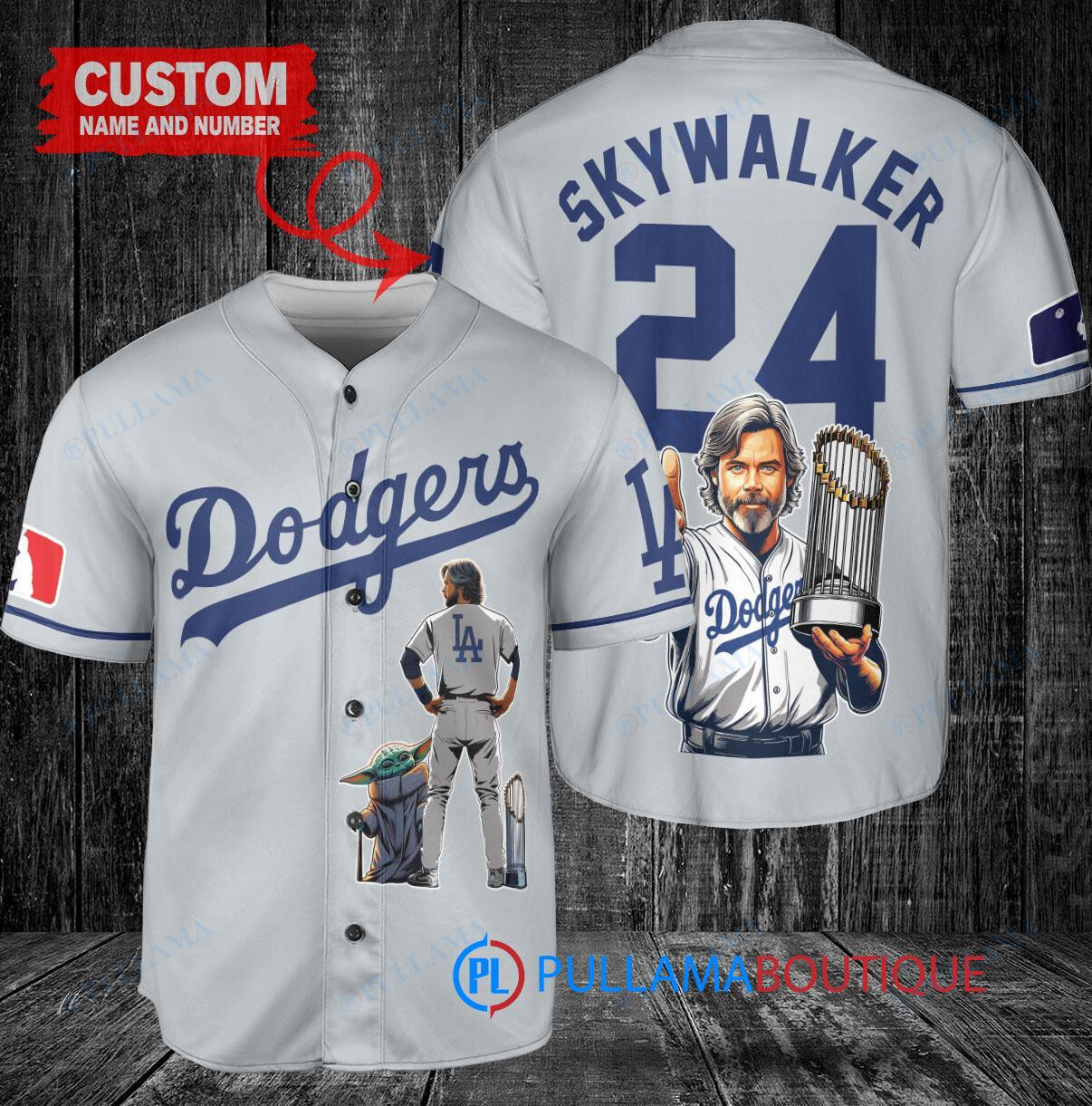 Los Angeles Dodgers x Luke Skywalker Star Wars with Trophy Custom Baseball Jersey Gray