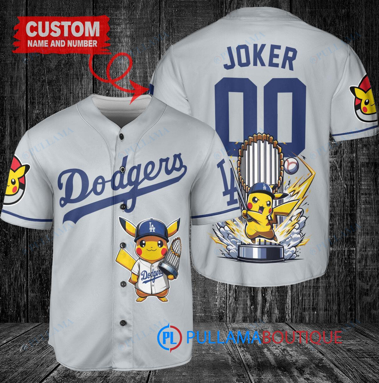 Los Angeles Dodgers x Pikachu Pokemon with Trophy Custom Baseball Jersey Gray