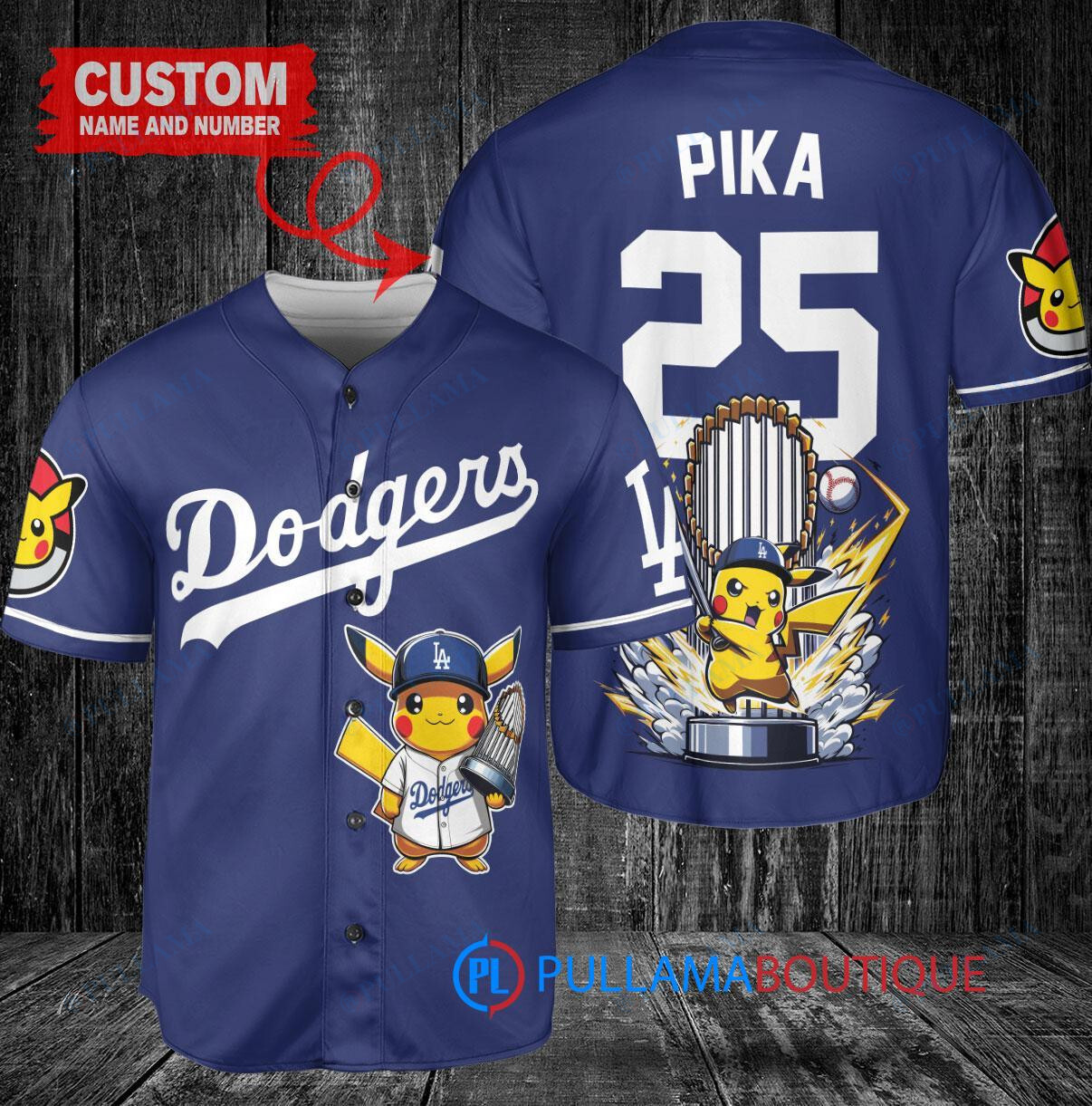 Los Angeles Dodgers x Pikachu Pokemon with Trophy Custom Baseball Jersey Navy