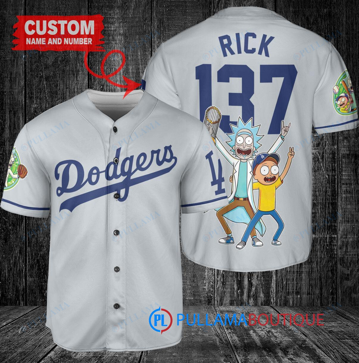 Los Angeles Dodgers x Rick and Morty with Trophy Custom Baseball Jersey Gray
