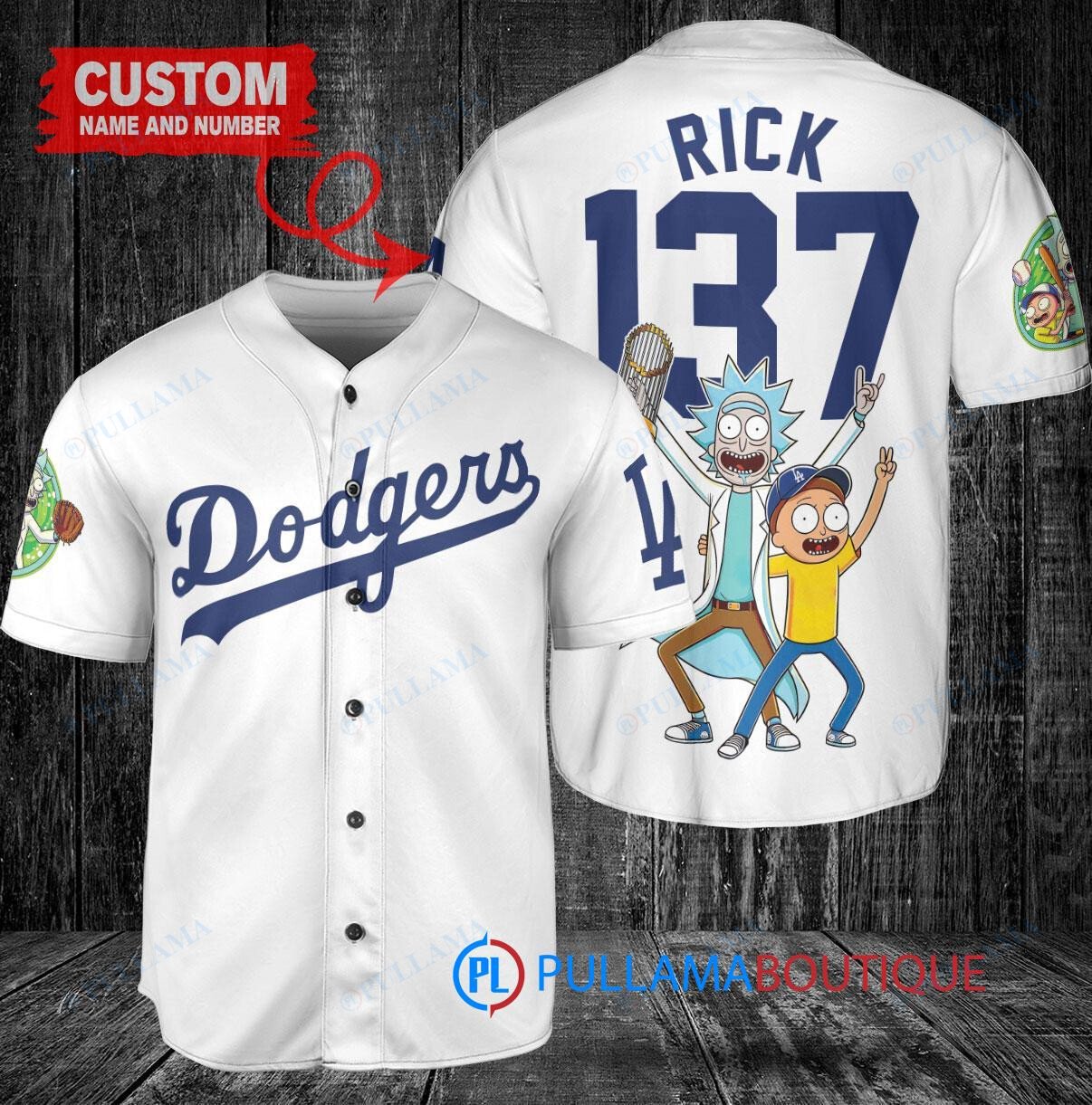Los Angeles Dodgers x Rick and Morty with Trophy Custom Baseball Jersey White