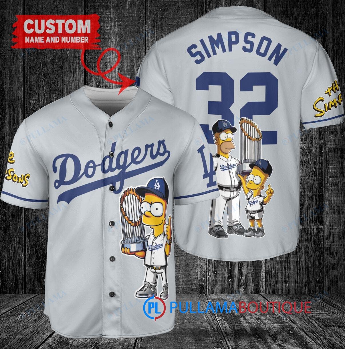 Los Angeles Dodgers x The Simpsons Bart Simpson, Homer Simpson, Lisa Simpson with Trophy Custom Baseball Jersey Gray