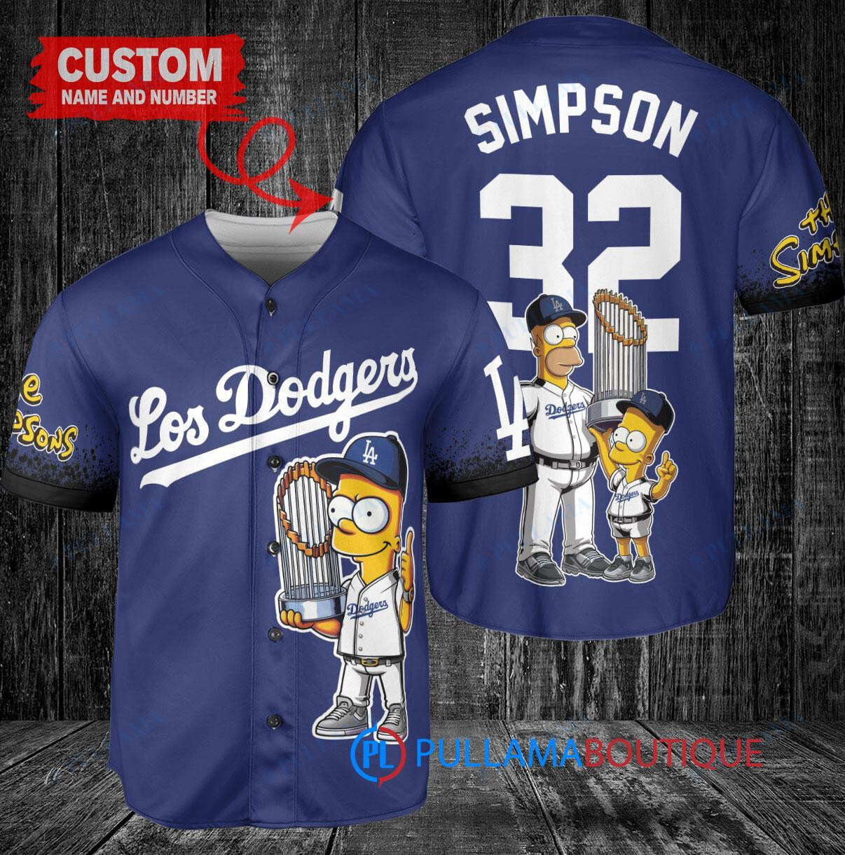 Los Angeles Dodgers x The Simpsons Bart Simpson, Homer Simpson, Lisa Simpson with Trophy Custom Baseball Jersey Royal City Connect