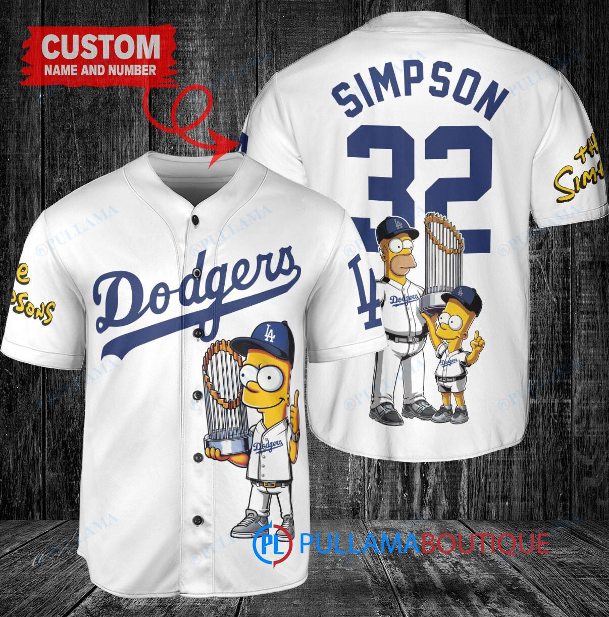 Los Angeles Dodgers x The Simpsons Bart Simpson, Homer Simpson, Lisa Simpson with Trophy Custom Baseball Jersey White