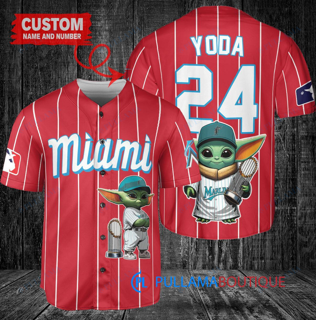 Miami Marlins Baby Yoda Star Wars Mandalorian Trophy Baseball Jersey Red