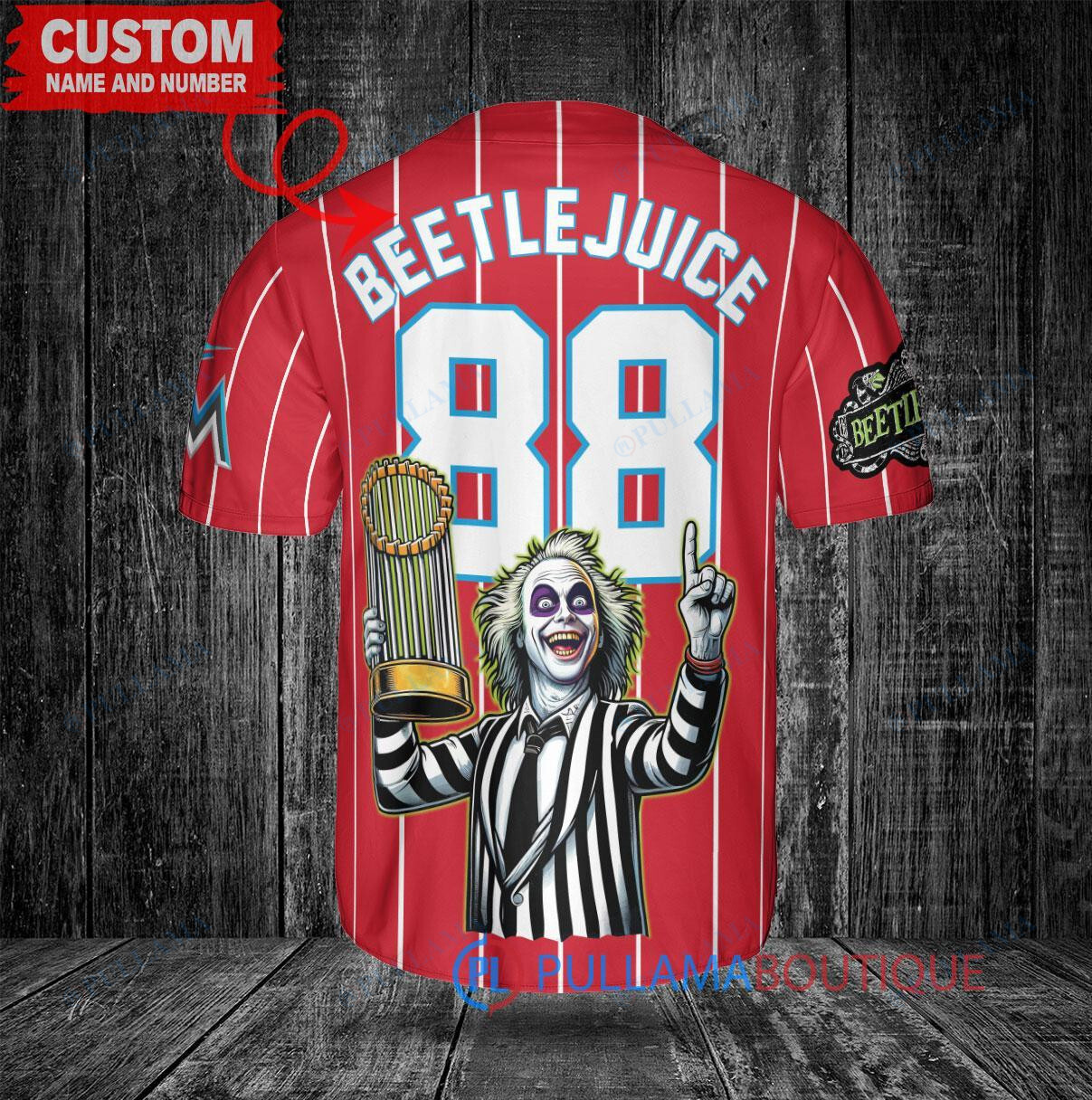 Miami Marlins Beetlejuice Halloween World Series Trophy Baseball Jersey Red