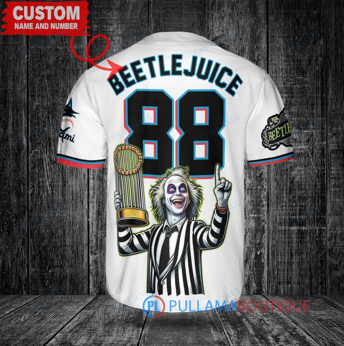 Miami Marlins Beetlejuice Halloween World Series Trophy Baseball Jersey White