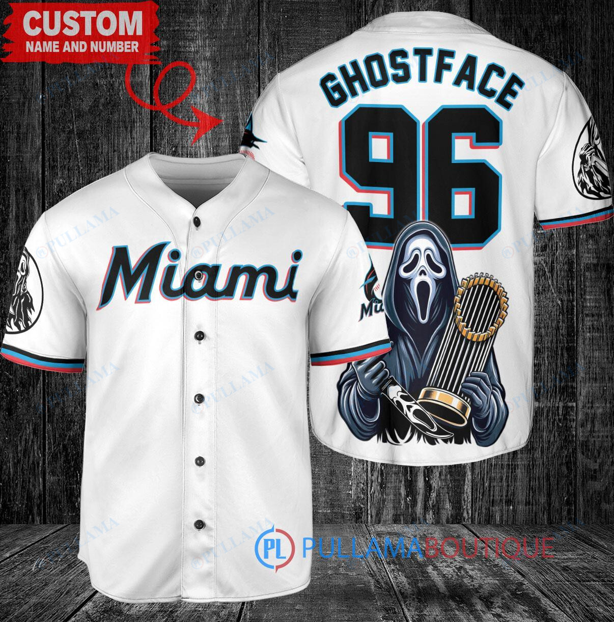 Miami Marlins Ghostface Scream Halloween World Series Trophy Baseball Jersey White