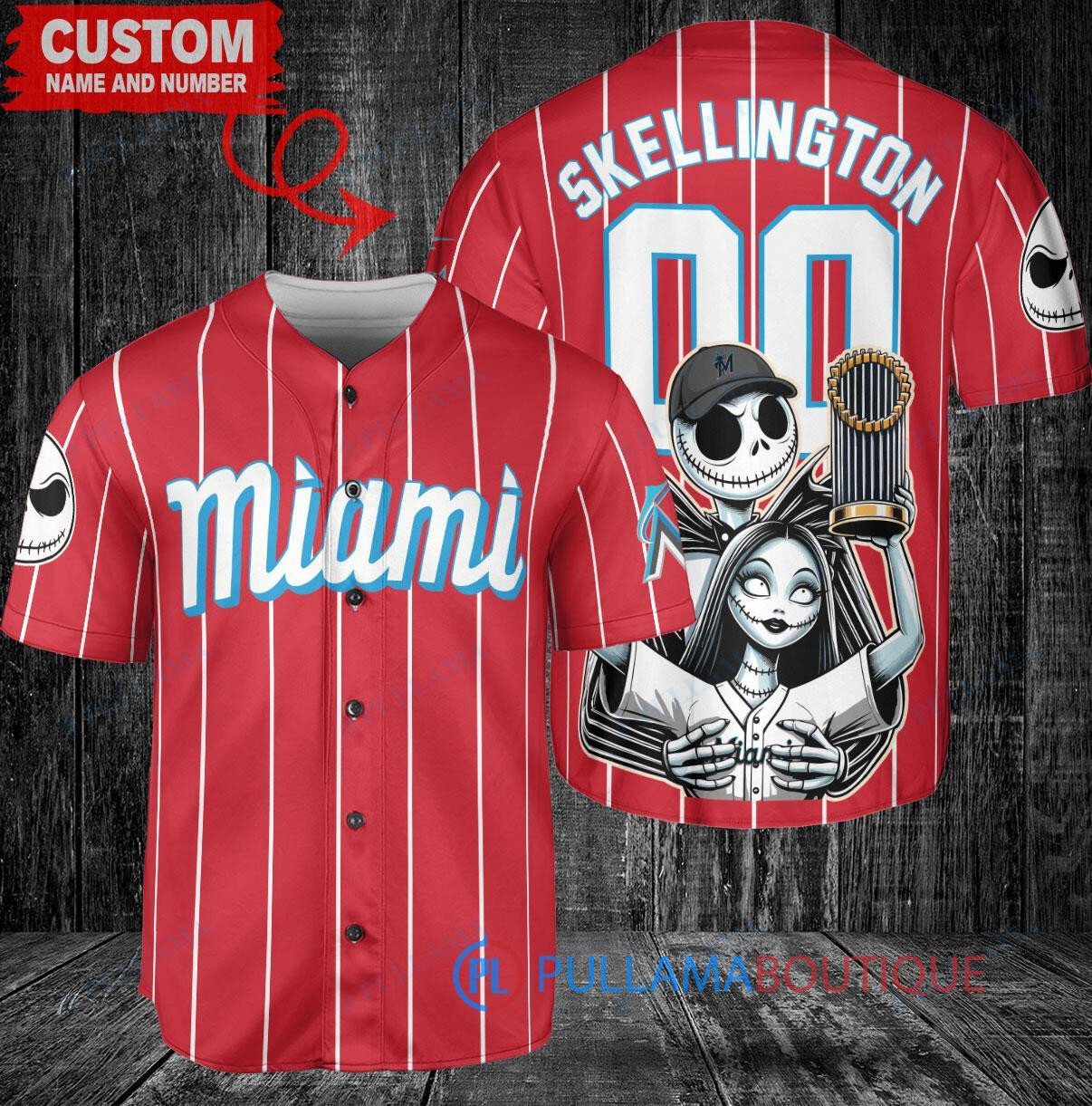 Miami Marlins Jack Skellington Sally World Series Trophy Baseball Jersey Red