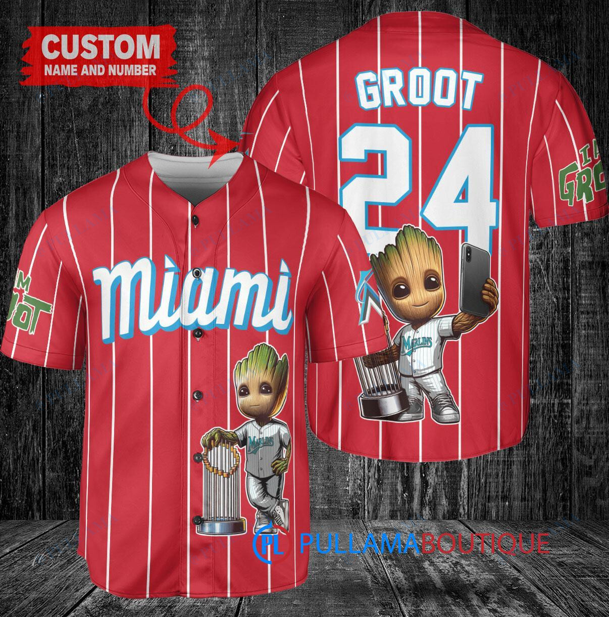 Miami Marlins x Baby Groot Marvel Guardians Of The Galaxy with Trophy Custom Baseball Jersey Red