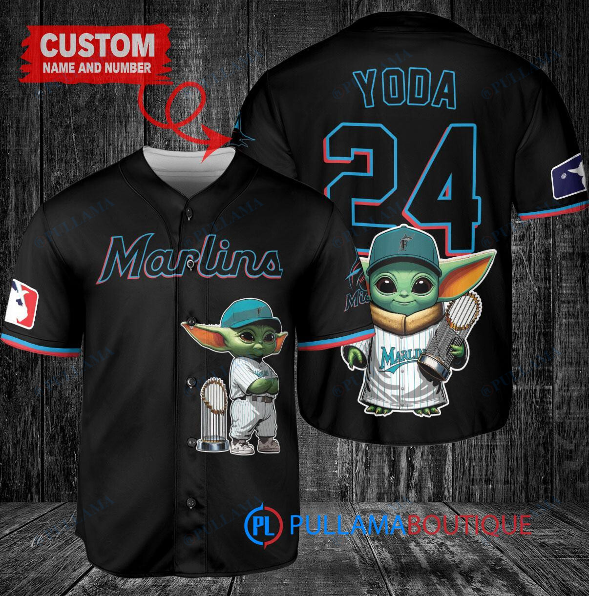 Miami Marlins x Baby Yoda Star Wars The Mandalorian with Trophy Custom Baseball Jersey Black