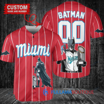 Miami Marlins x DC Comics Batman The Dark Knight with Trophy Custom Baseball Jersey Red