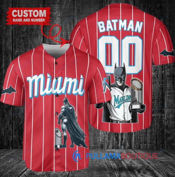 Miami Marlins x DC Comics Batman The Dark Knight with Trophy Custom Baseball Jersey Red