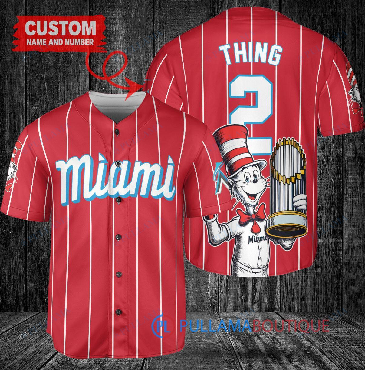 Miami Marlins x Dr Seuss with World Series Trophy Custom Baseball Jersey Red