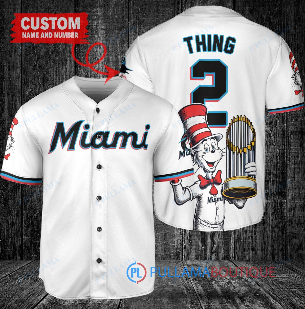 Miami Marlins x Dr Seuss with World Series Trophy Custom Baseball Jersey White